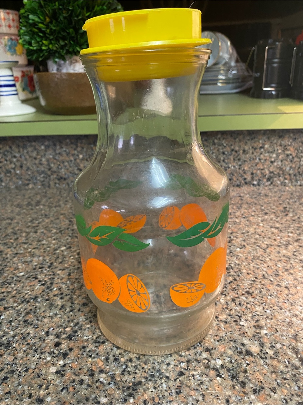 Vintage Anchor Hocking Clear Glass Carafe with Orange Fruit Motif and Yellow Lid